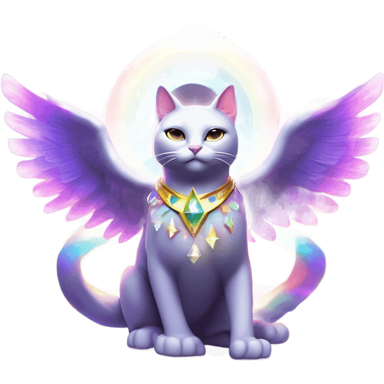 Reality Bending Buff Omega ultra cosmic galactic hyperverseal alpha Transcendent Heavenly Rainbow 5th dimensional Diamond ultra mega surpream beyond Omni-Cat God with wings and a ring around its body and another ring above it’s head full body emoji