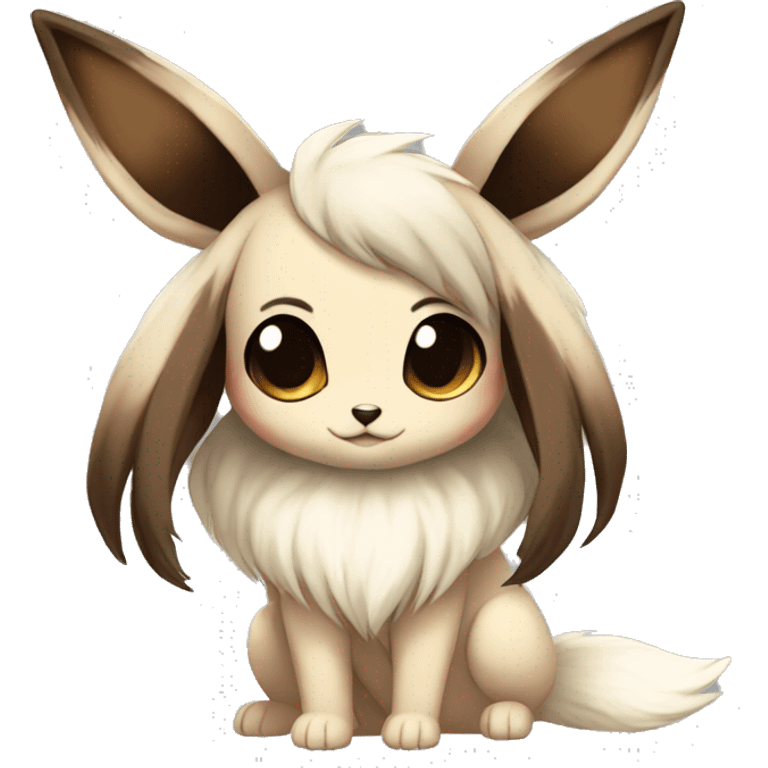 Kawaii Pale Shiny Eevee with dark brown long emo hair covering her eyes Full Body emoji