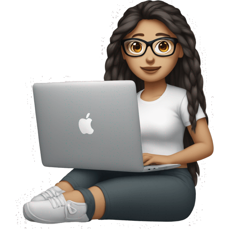 Girl with dark brown ponytail hair chinky eyes with glasses and white skin hold macbook emoji