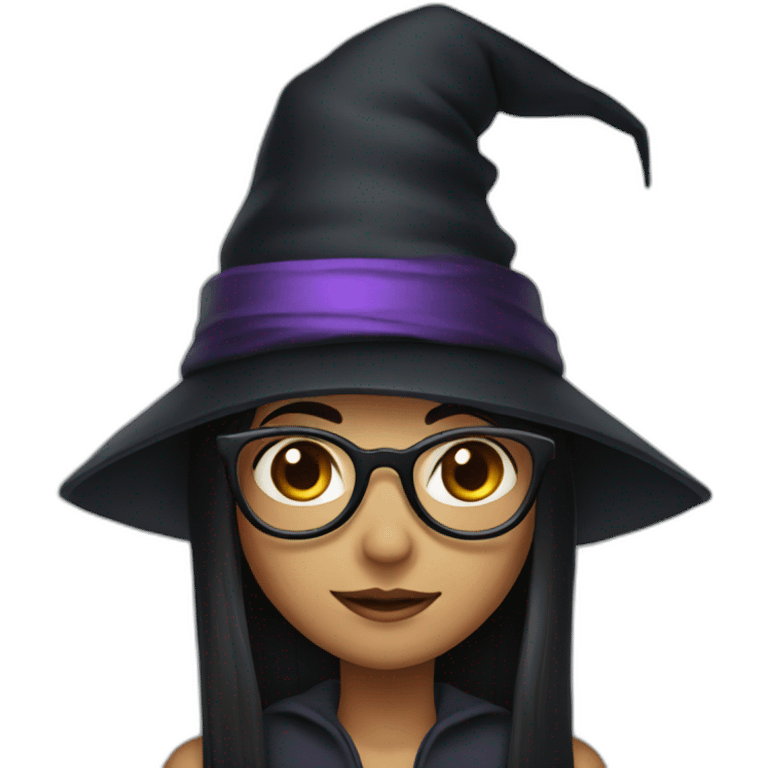 girl with straight long black hair, glasses and witch hat emoji