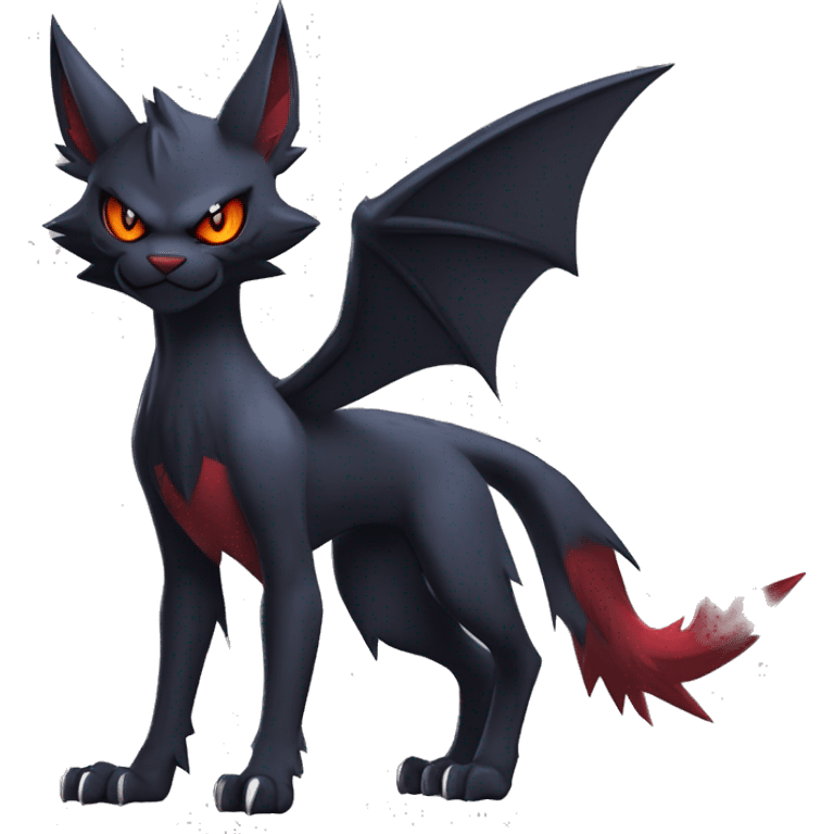   cool edgy beautiful fantasy anime-style dark animal vampiric Litten-Zoroark-Nargacuga-cat-hybrid Fakemon with big fangs and bat-ears full body emoji