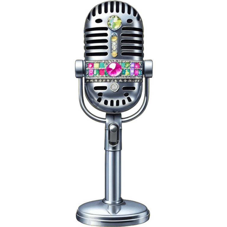 Create a glamorous and vibrant emoji representing stage vocal performance. The design should feature a classic vintage microphone at the center, surrounded by humanless an eye-catching stage costume covered in rhinestones, sparkling brightly. The costume should be stylized, with glittering elements like sequins and sparkles, and reflect the glitzy, extravagant nature of show business. The microphone should have a sleek, retro look with chrome or metallic accents. Use rich, dazzling colors like gold, silver, deep purple, and bright red to evoke the glamorous, larger-than-life feel of a stage performance. The background should be transparent. emoji