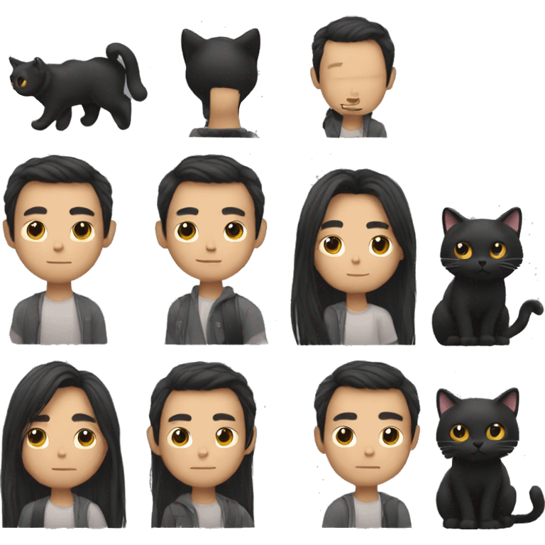 Long hair Asian man holding black cat emoji