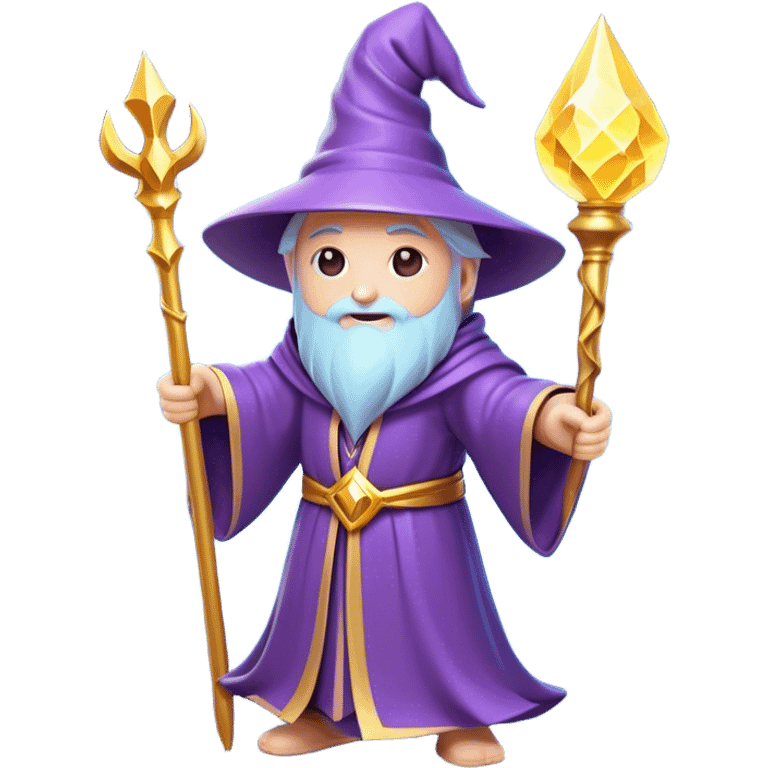 Clash of Clans aesthetic: Cinematic Playful Wizard Hero Emoji, rendered in a 3D vector-style similar to standard emojis with minimal shading and bold, simplified shapes. A compact, isometric figure draped in flowing enchanted robes and wielding a mystical staff, softly glowing with an arcane magical charm. Simplified yet unmistakably iconic, highly detailed and consistent, glowing with a soft radiant glow and high shine. Stylized with a touch of whimsical sorcery and a soft glowing outline, capturing the essence of a powerful wizard ready to cast spells with a friendly, playful spirit! emoji