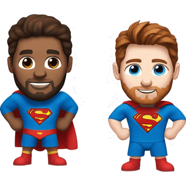 Messi with blue eyes, freckles, with a goat, redish brownish hair redish beard, blue eyes, dressed as superman emoji