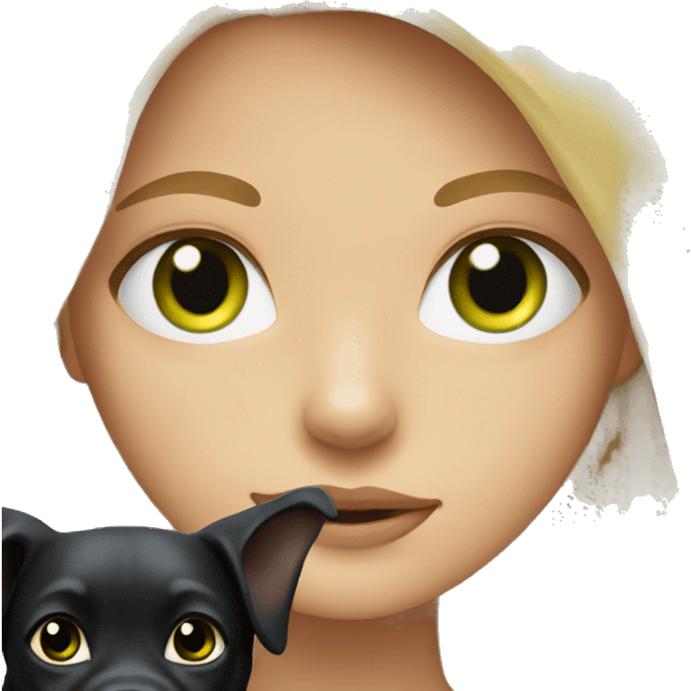 Blonde girl with green eyes with black dog emoji