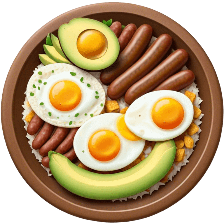 Bandeja Paisa Cinematic Realistic Bandeja Paisa Dish Emoji, depicted as a hearty platter featuring rice, beans, avocado slices, one sausage, a perfectly cooked egg, and crispy pork crackle, rendered with vivid textures and robust, inviting lighting. emoji