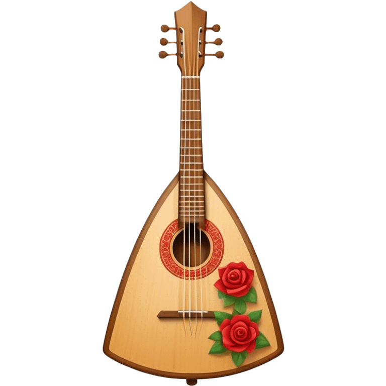 Create a refined and traditional emoji representing the 'Prima' balalaika. The design should feature the distinctive triangular shape of the balalaika, with visible strings and a beautifully crafted wooden body. Add subtle details like a decorative rosette or pick to emphasize the craftsmanship. Use warm wood tones, like rich browns and honey shades, to highlight the traditional and premium nature of the instrument. The background should be transparent. emoji