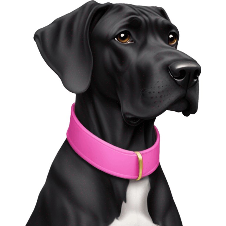 An all black great dane wearing a pink collar emoji