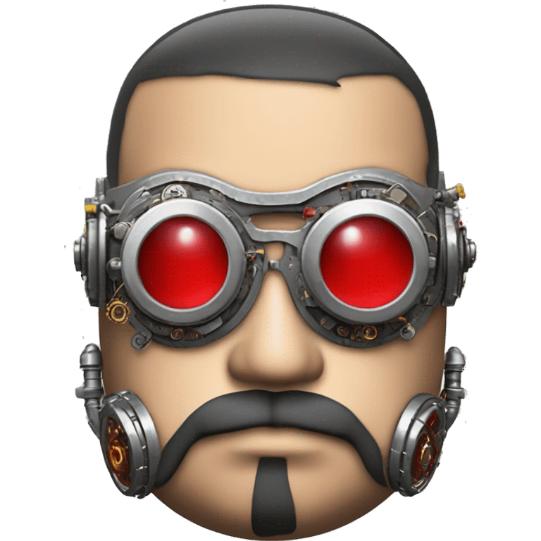 Fat cyborg head with red silver steampunk goggles, black beard and circuits emoji