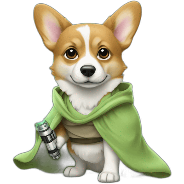 Corgi dress as yoda with one light saber green emoji