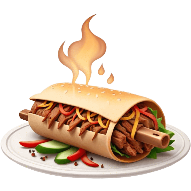 Cinematic Realistic Doner Kebab Dish Emoji, showcasing succulent, spiced meat shaved from a rotating spit rendered with lifelike detail and dynamic, appetizing lighting. emoji