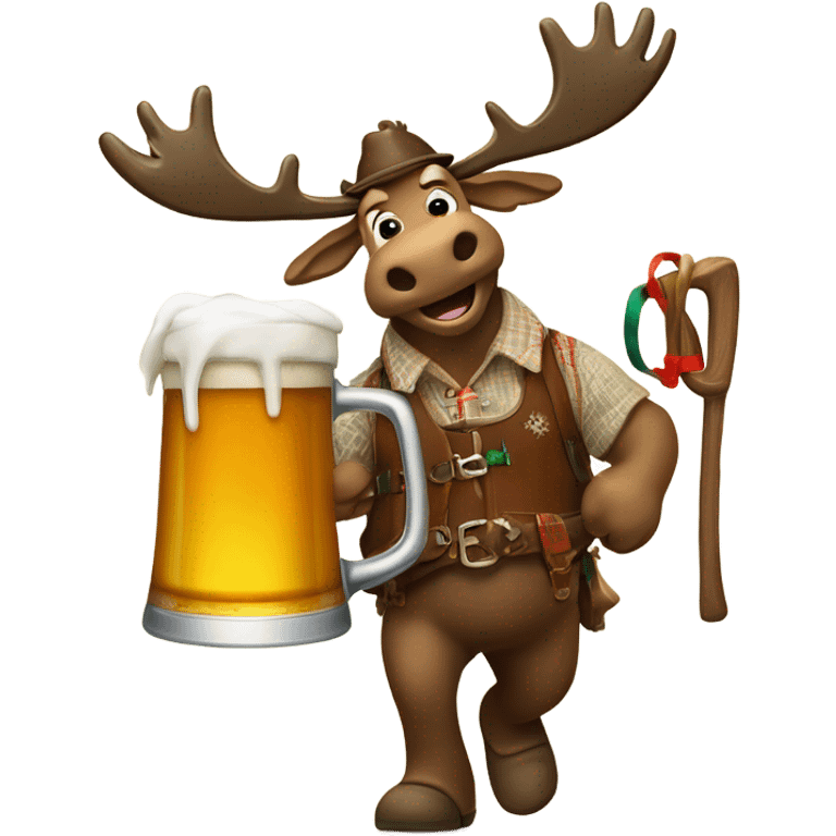 A moose with lederhosen skiing downhill holding a large stein of beer emoji