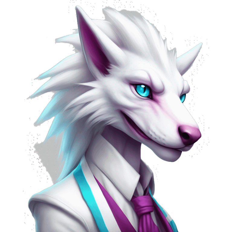 White elegant beautiful natural cute badass epic anthro modern albino sergal-vernid-Fakémon with cyan mane and magenta eyes with cyan edgy stripes, full body emoji