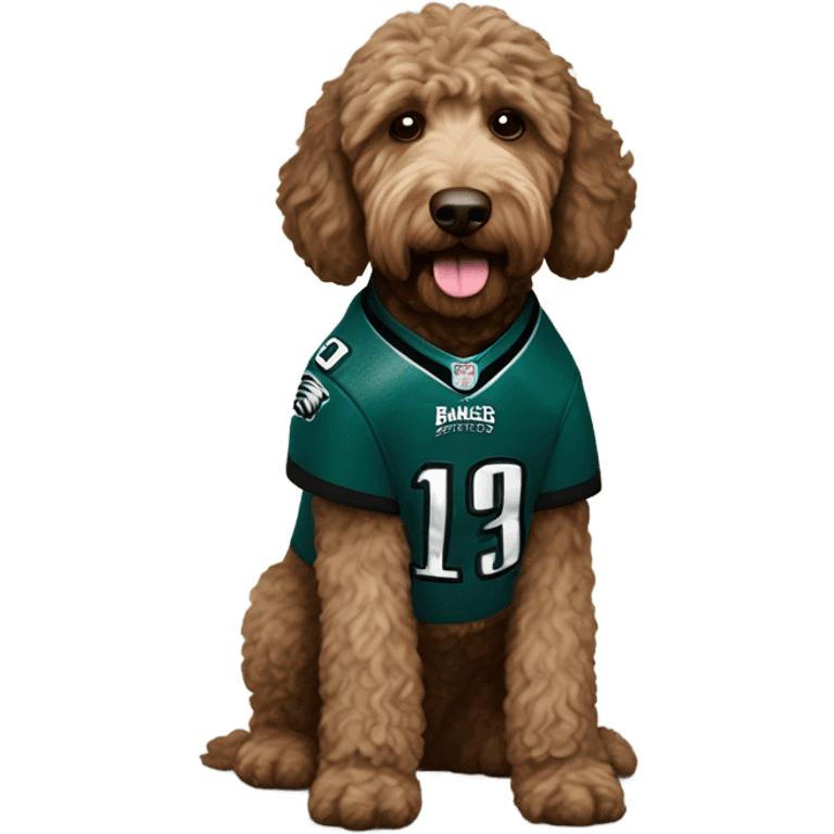 Brownish Labradoodle dog wearing a Philadelphia eagles jersey emoji