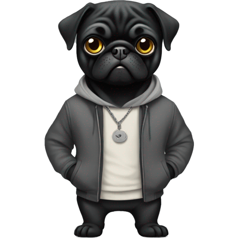 A black pug wearing clothes like a thug emoji