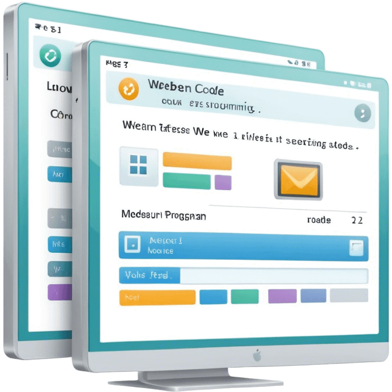 Create a professional emoji for UX/UI design. Show a program interface with two windows: one displaying programming code, and the other showing the completed web interface. Use modern, professional colors. Do not include any emojis or smiley faces. Make the background transparent. emoji