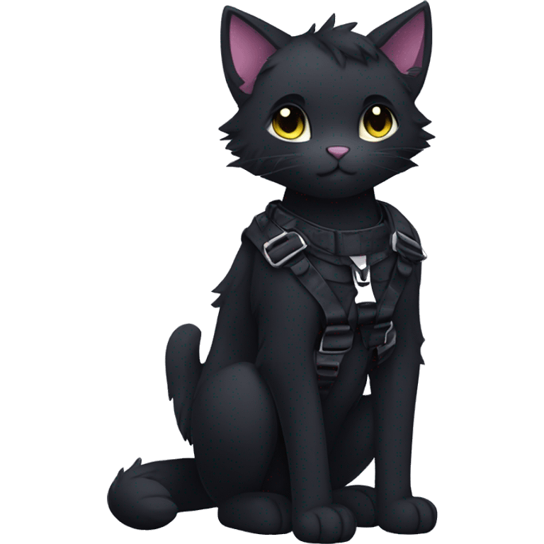 Anthro Cool Beautiful Black Cat-Fursona-Fakemon with Emo Hair-bangs with Chest Harness emoji