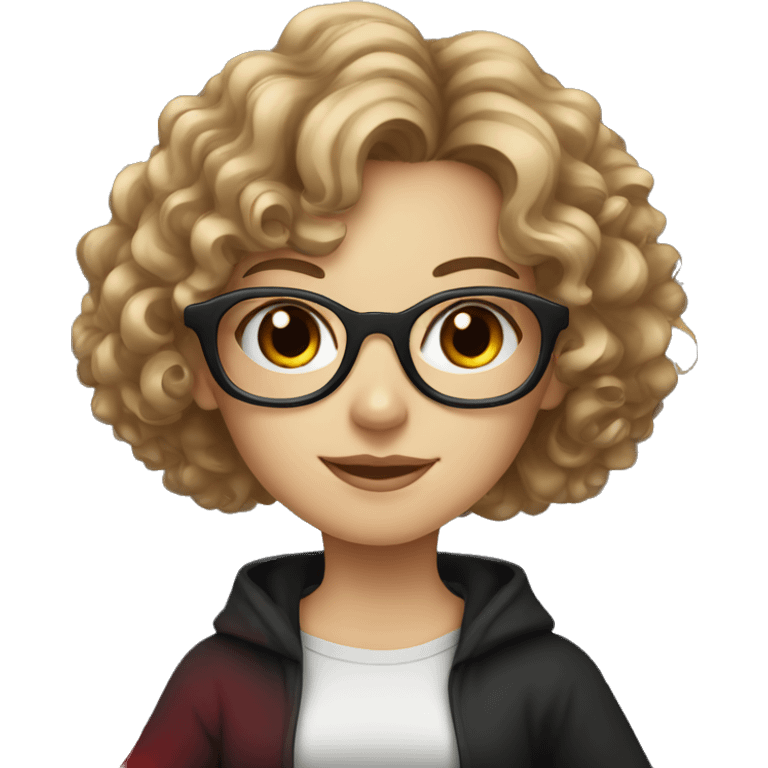 A white girl with glasses,curly hair with a red lightsaber emoji