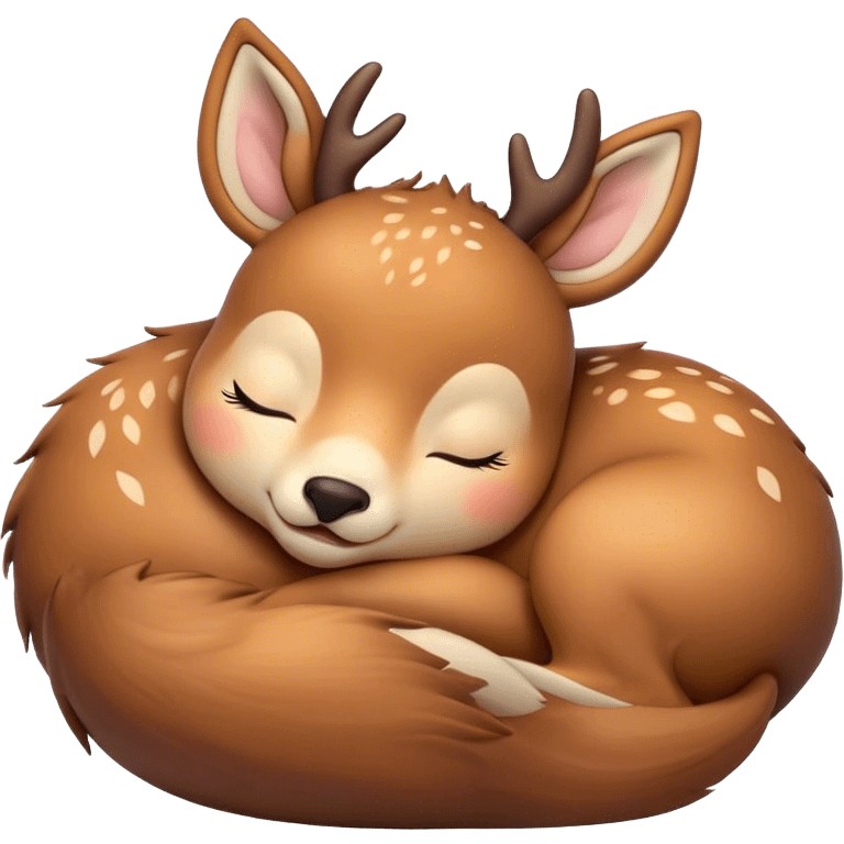 Meme-Worthy Cute Sleeping Deer Portrait Emoji, Head resting peacefully with a contented smile, showcasing a delicate, slender build and a luxuriously soft Fur, eyes shut in a serene, restful nap, Simplified yet hilariously adorable features, highly detailed, glowing with a soft, drowsy light, high shine, relaxed and utterly lovable, stylized with an air of playful laziness, bright and heartwarming, soft glowing outline, capturing the essence of a comically sleepy deer, so meme-worthy it feels like it could instantly become the next viral sensation of adorable woodland slumber! emoji