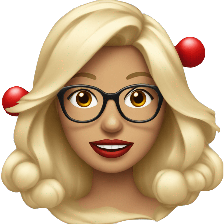 Beautiful blonde woman, blue eyes wearing santa hat and glasses and red lips holding Yorkshire terrier  emoji