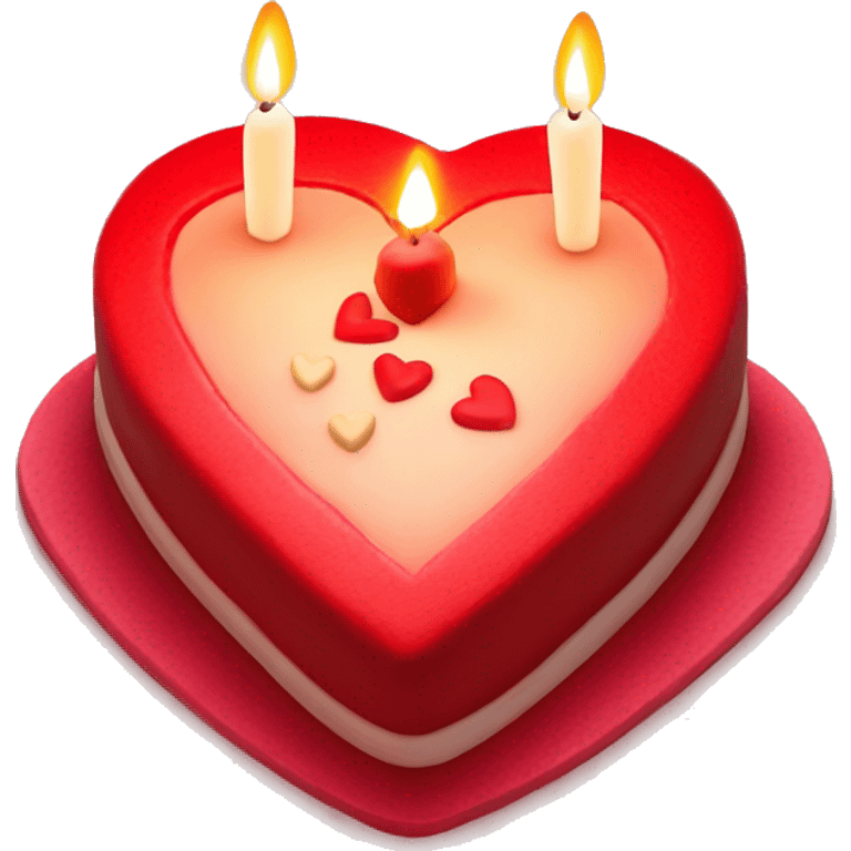 Red primarily colored heart shaped birthday cake, top view, 4 candles, no plate emoji