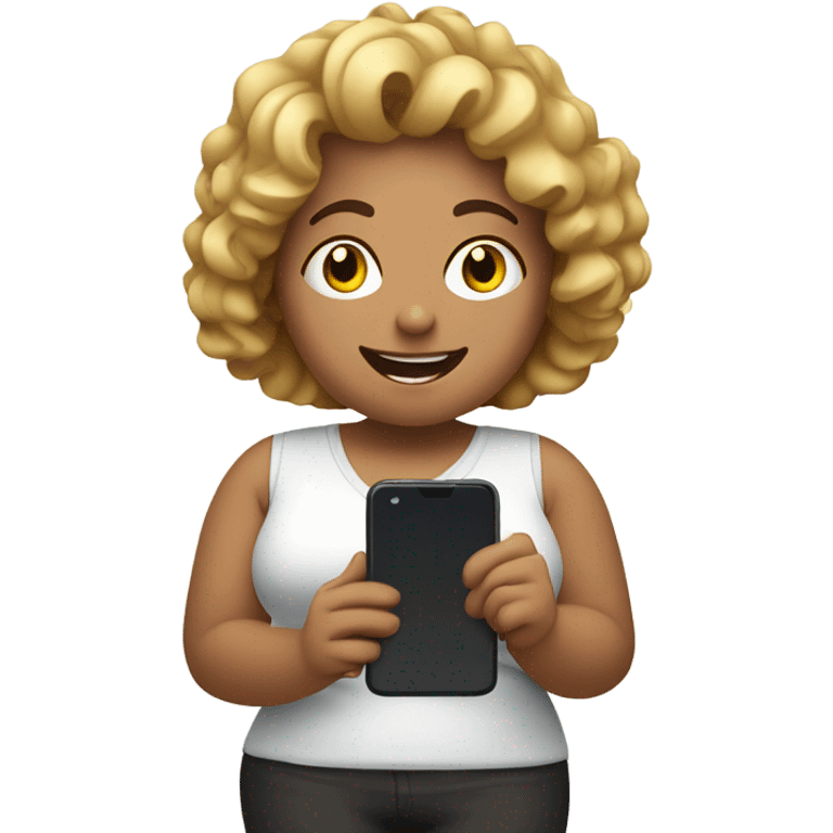 overweight curl blondie woman happy with a smartphone in hands showing charts emoji