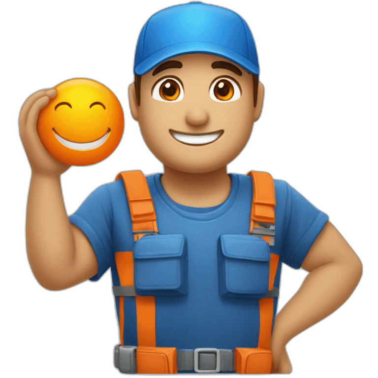 Técnico que repara electrodomésticos, con una gorra naranja y una camisa azul con blanco, feliz con una sonrisa.  emoji