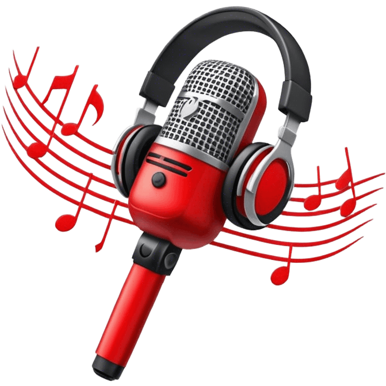 Create a dynamic and energetic emoji that represents beatboxing. The design should feature a stylized microphone with sound waves emanating from it, symbolizing vocal percussion and rhythm. Add elements like headphones or a subtle speaker to emphasize the music production aspect. Use bold colors like black, white, and red to convey the intensity and creativity of beatboxing. The background should be transparent. emoji