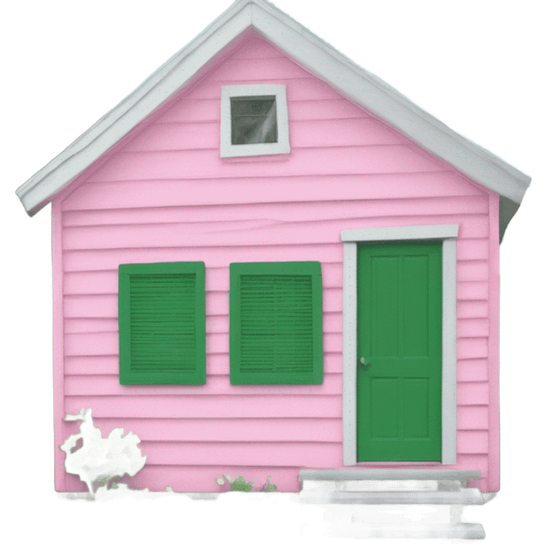 Small pink shack green shutters white roof emoji