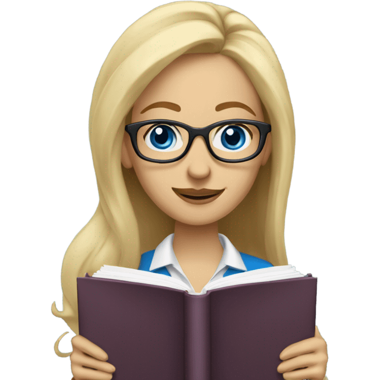 Woman teacher blonde long flowing hair glasses blue eyes with book emoji