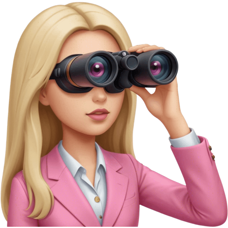 futuristic-looking woman with long hair in an intensive color pink suit looking through two-eyed binocular, viewed from an angled perspective emoji