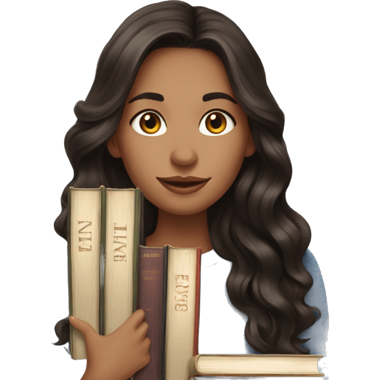 dark brunette long wavy hair highlights woman while holding stack of books emoji