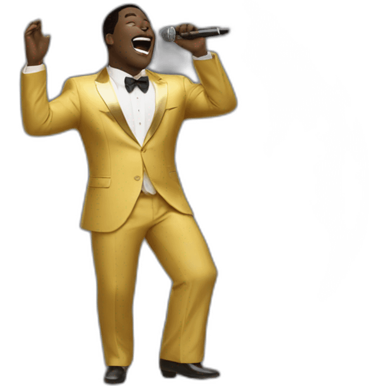 sam richardson in a gold suit singing into a microphone full body dancing fro hair emoji