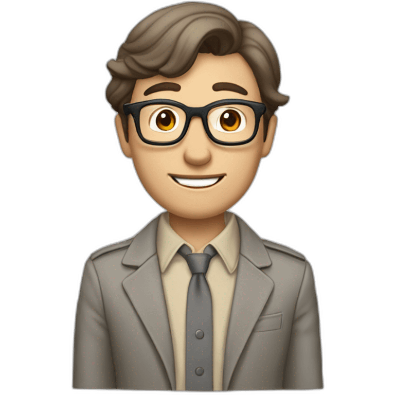 Crickering Pale skinned Fit Man With dark brown hair in gray jacket, beige office shirt, Brown pants and vintage glasses In the joke cap emoji