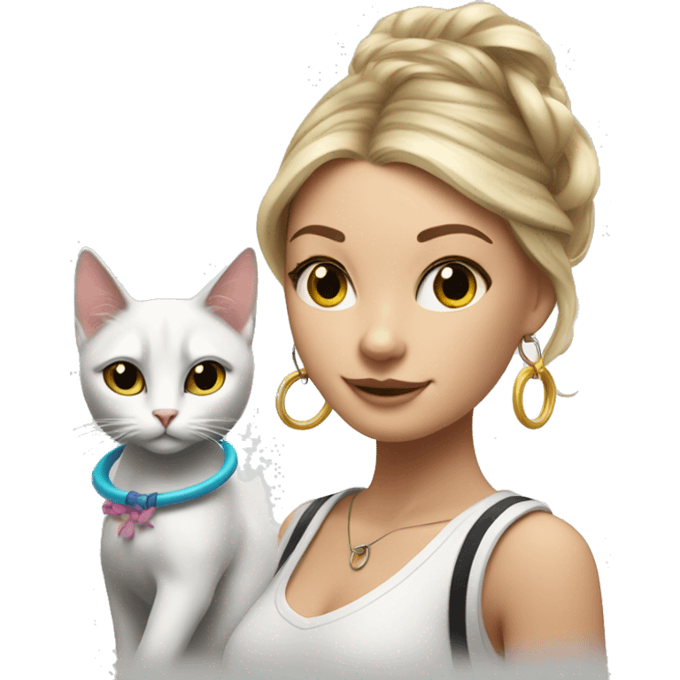 White girl with hoop earrings and hula hoop with white and black cat emoji