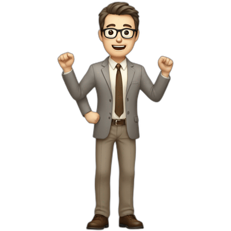 To belt Actively gesturing with hands Pale skinned fit man with dark brown hair in gray jacket, beige office shirt, brown tie, brown pants and vintage glasses. emoji