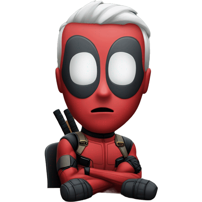 Cute Deadpool sitting at a desk, front view emoji