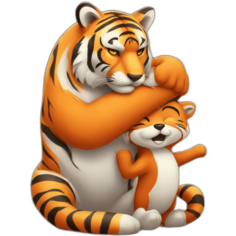 Big tiger hugs small fox tightly emoji