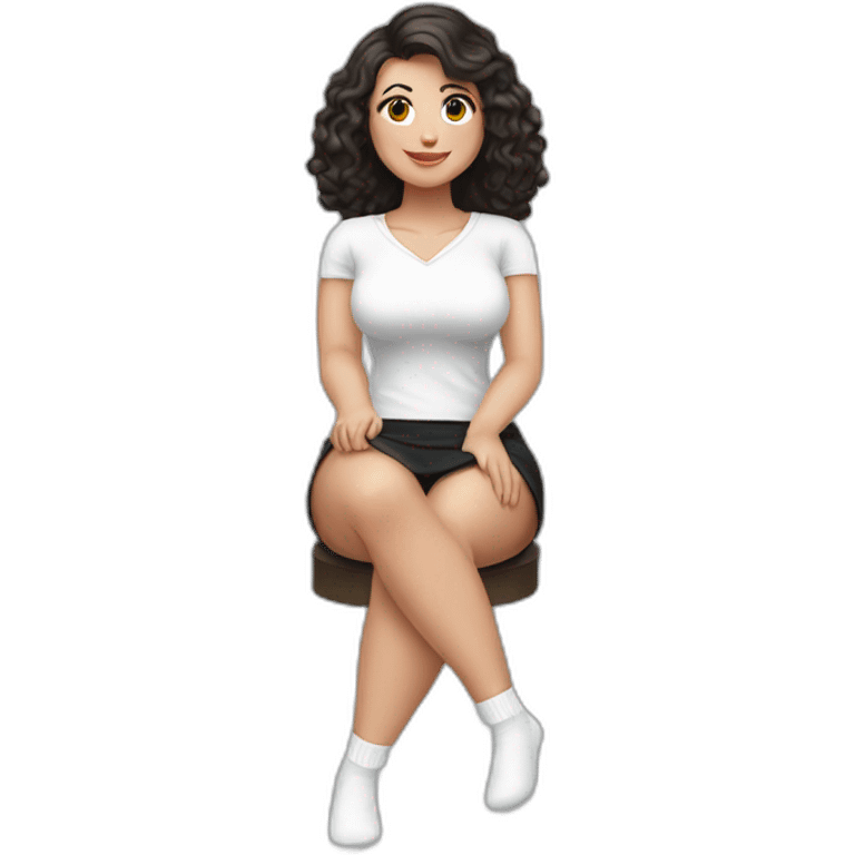 front view full body curvy caucasian beauty sitting straight hands up black skirt white knickers long white socks emoji