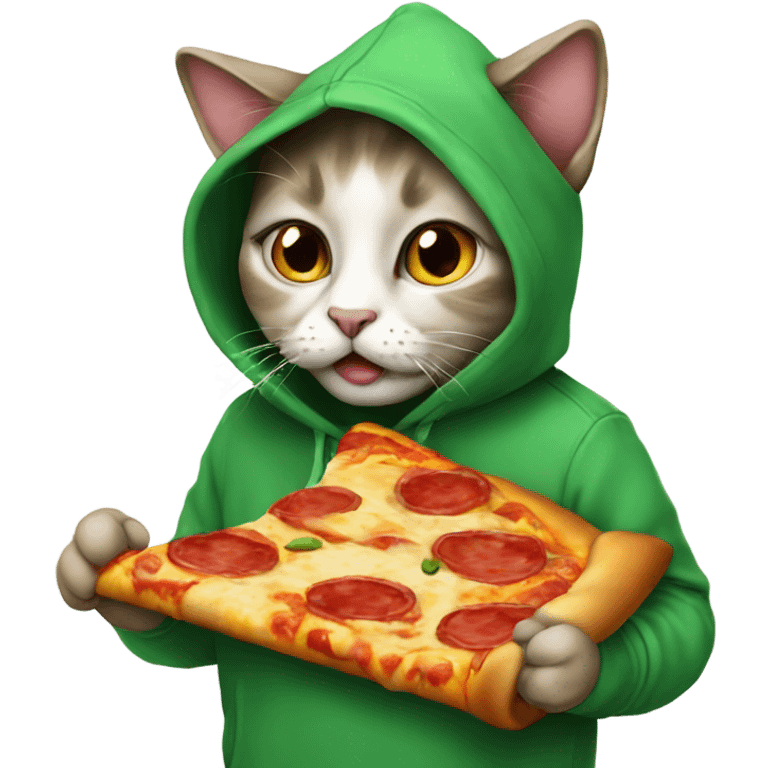 Cat wearing hoodie eating a pizza emoji