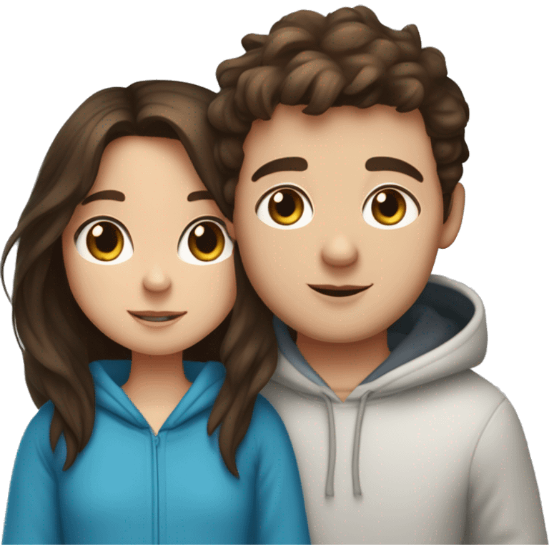 A light brunette girl with brunette eyes who is approximately 5,2 with a black hoodie and pijamas hugging a blue eyed light brunette boy with freckles wearing pijamas and a white hoodie emoji