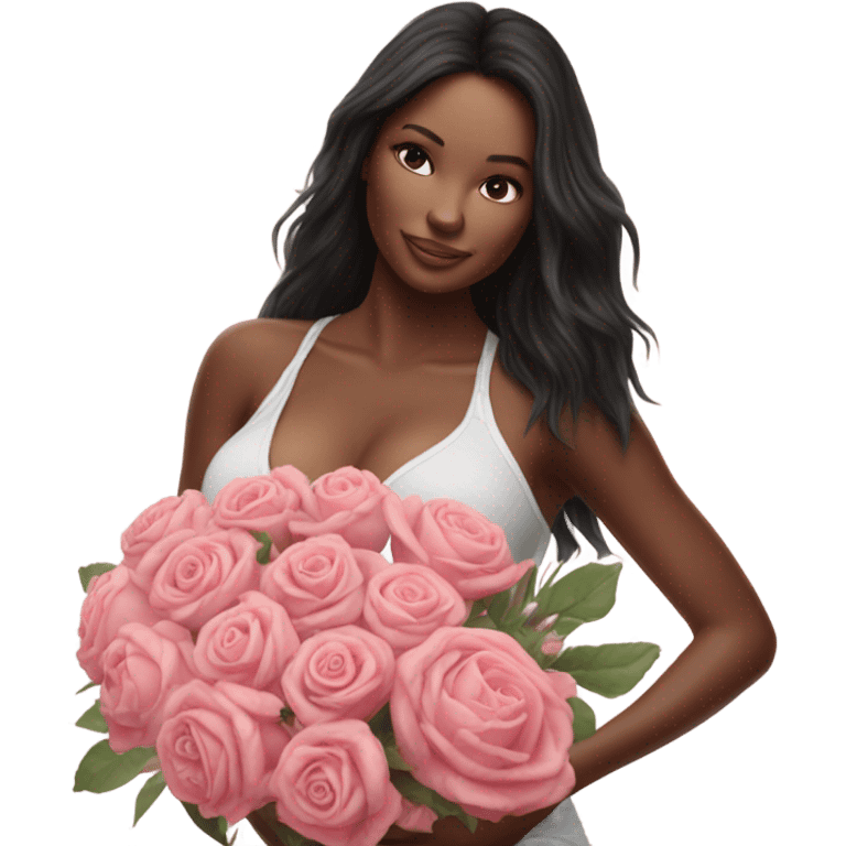 Realistic Photo of a Victoria secret model pregnant posing with flowers at her baby shower  emoji