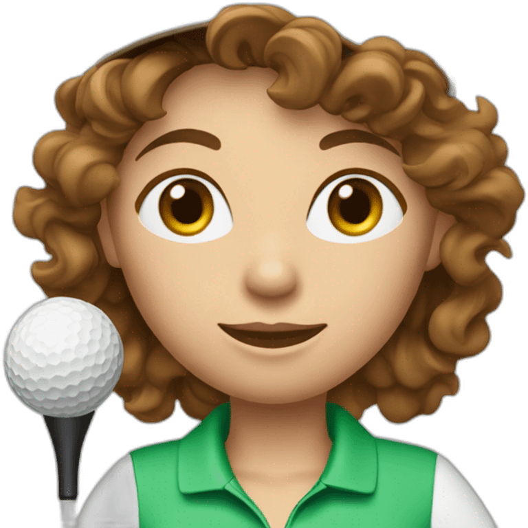 female with brown wavy hair dressed in golfwear with golf club and golf ball emoji