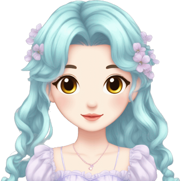 Cute kawaii gorgeous pretty anime pastel lady beautiful hair with gorgeous dress fairycore cottagecore detailed high quality trending aesthetic emoji