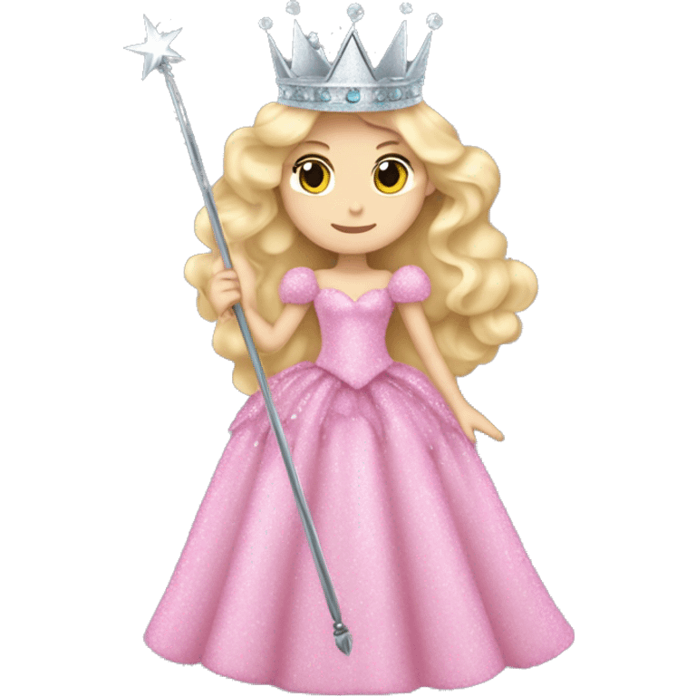 Glinda wicked blond long wavy hair big pink fluffy glittery dress silver crown and silver wand emoji