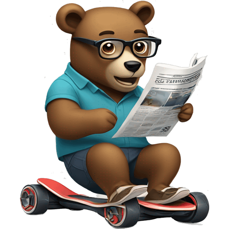 Bear riding a hoverboard while wearing glasses and reading a newspaper. emoji