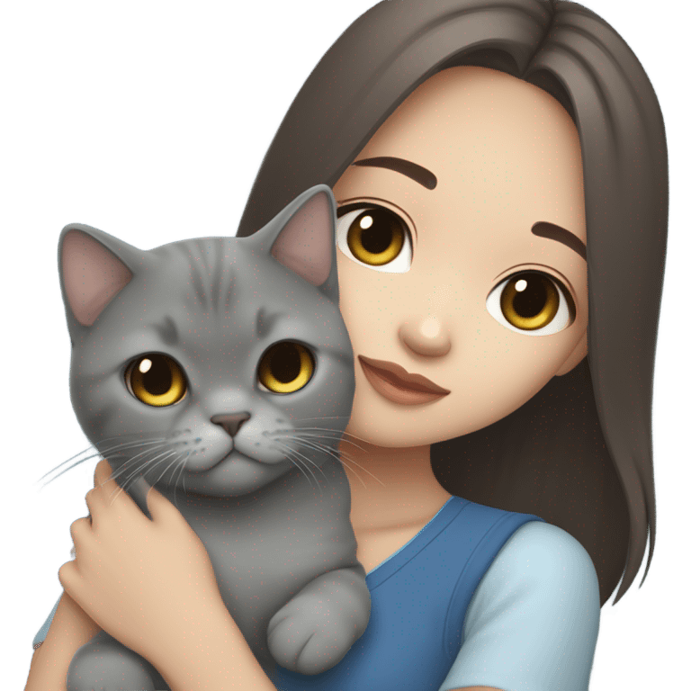 A cute aesthetic asian girl with brown hair with bicolour blue british shorthair cat emoji