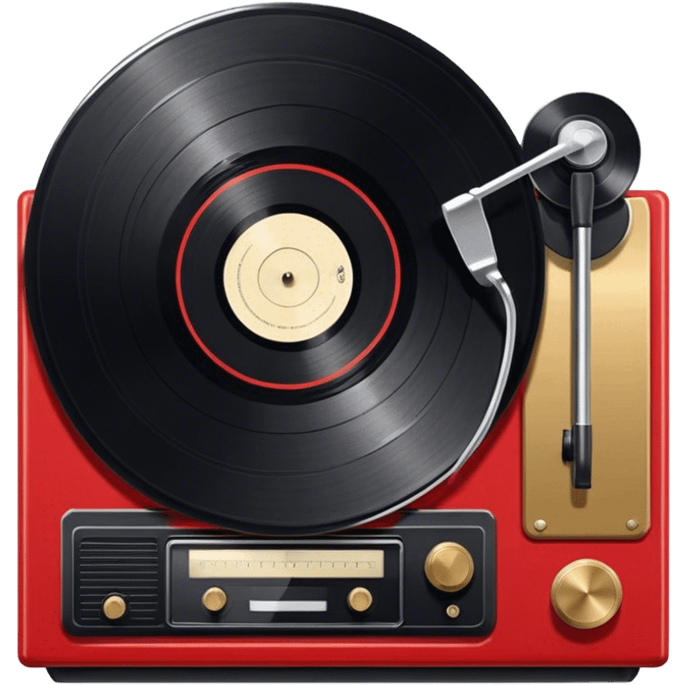 Icon for Vinyl Record Collecting: large black, golden and red vinyl records in decorative packaging featuring artist images, neatly arranged on a wall or shelf, modern vinyl record player. The icon should reflect the aesthetic and artistic aspect of collecting vinyl records. Transparent background. emoji