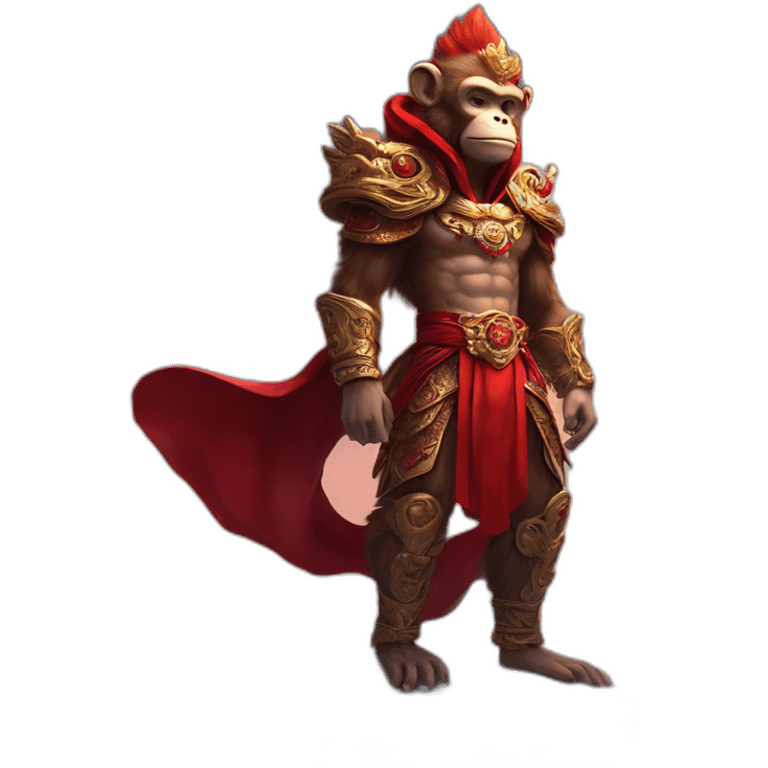 Monkey King with Red Cape stand on a cloud，full body，upward view，cyberpunk style emoji